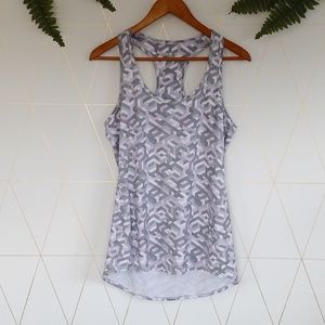 athleta racerback tank, geometric purple grey, med
